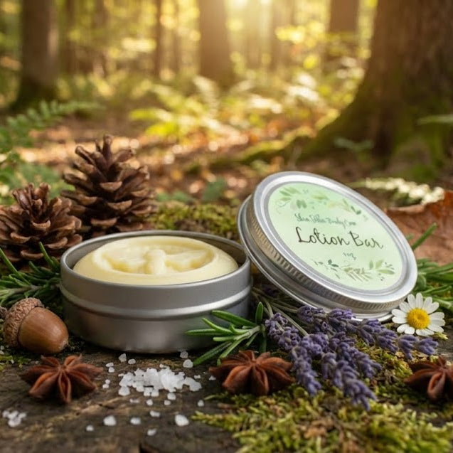 Two tins of 'Lotion Bar' on a forest floor with natural elements like pine cones, flowers, and herbs.